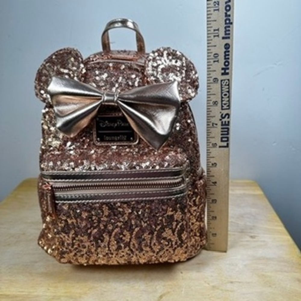 Loungefly Disney Parks Minnie Mouse Rose Gold Sequin Mini Backpack Bow NWT - Picture 9 of 14